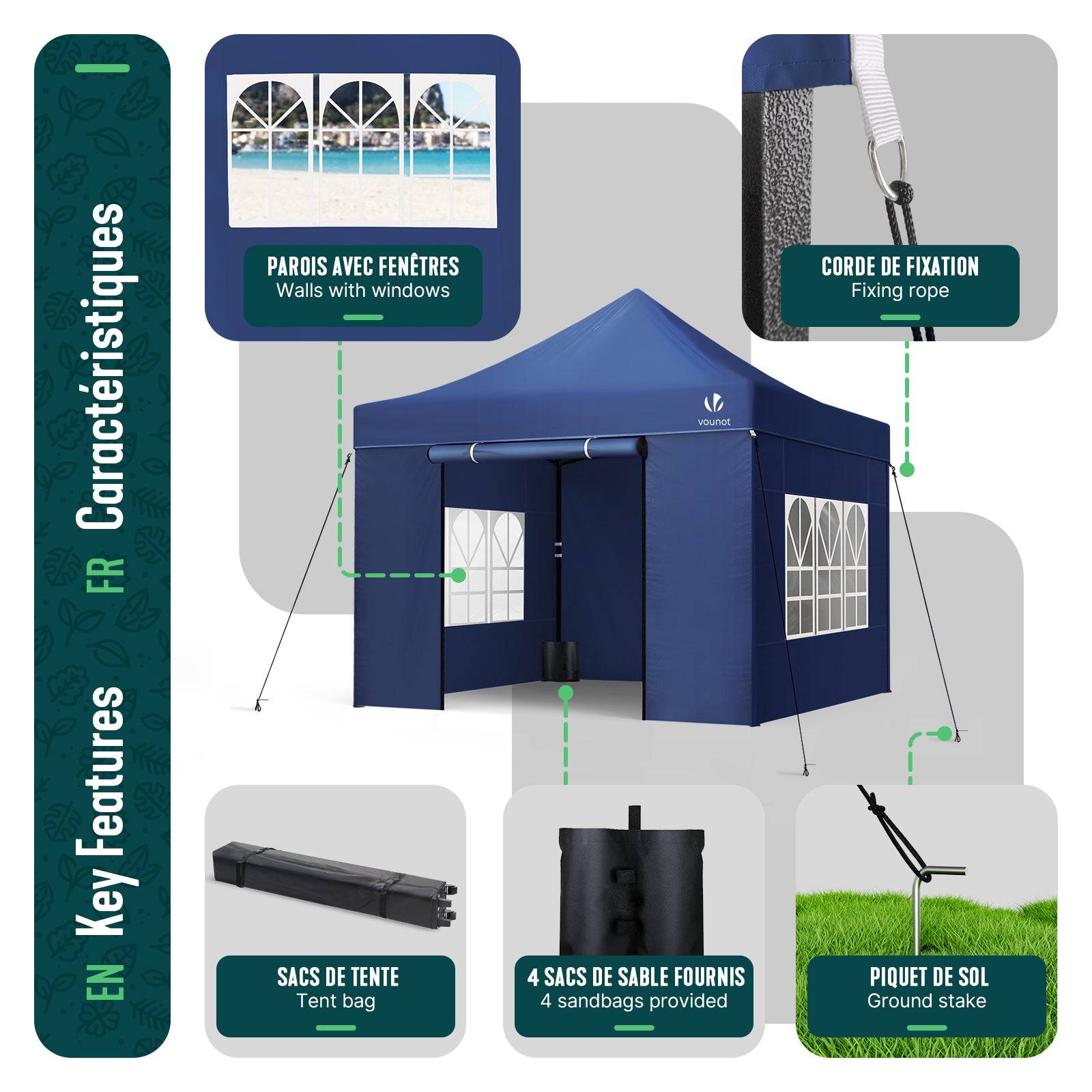 Tonnelle de jardin renforcée 3x3m pliable Barnum avec 4 parois - sac de transport à roulettes et sacs de sable - Bleu - VOUNOT® - Image 4