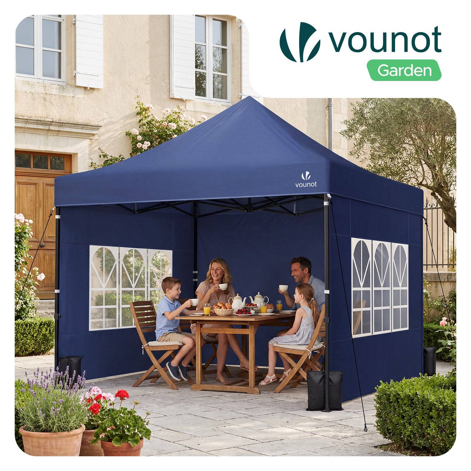 Tonnelle de jardin renforcée 3x3m pliable Barnum avec 4 parois - sac de transport à roulettes et sacs de sable - Bleu - VOUNOT® - Image 2