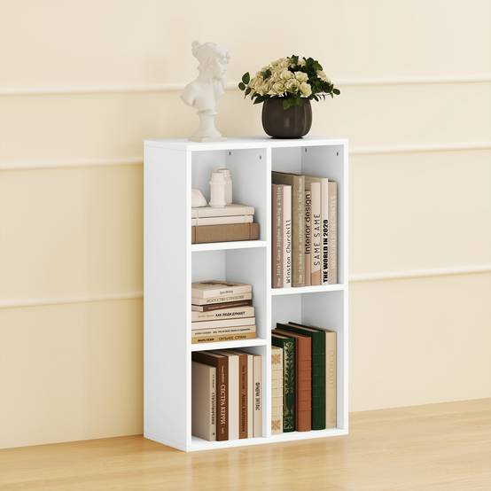 Étagère à 2 niveaux, 5 compartiments, panneaux de particules, étagère de rangement, blanche - Image 9