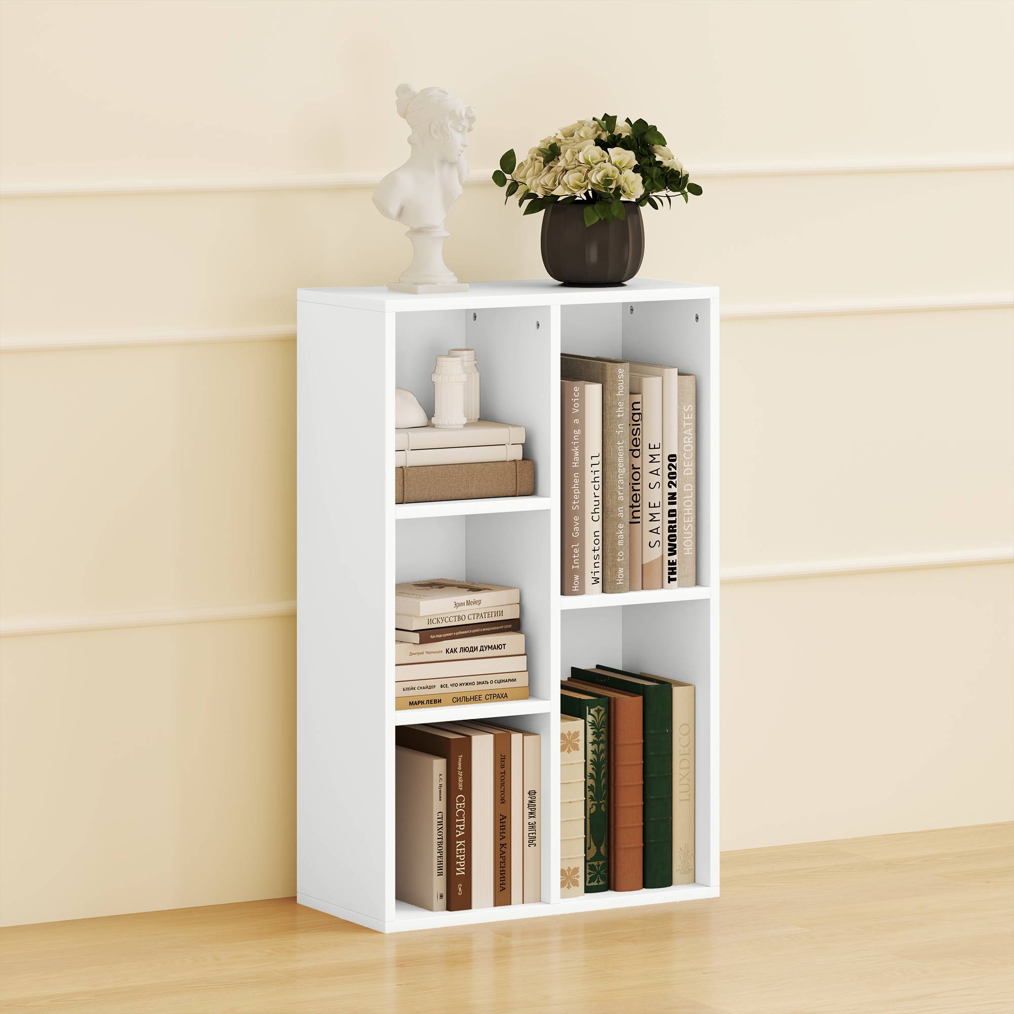Étagère à 2 niveaux, 5 compartiments, panneaux de particules, étagère de rangement, blanche - Image 9