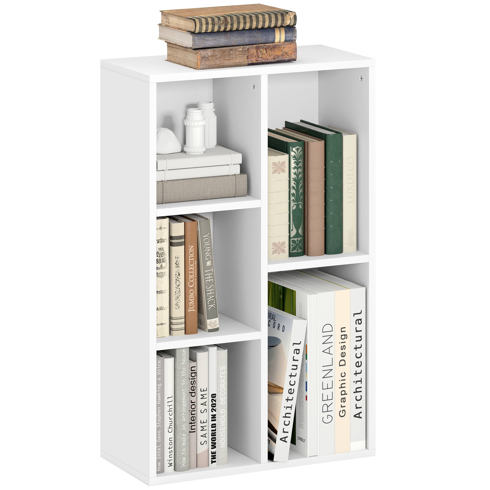 Étagère à 2 niveaux, 5 compartiments, panneaux de particules, étagère de rangement, blanche - Image 1