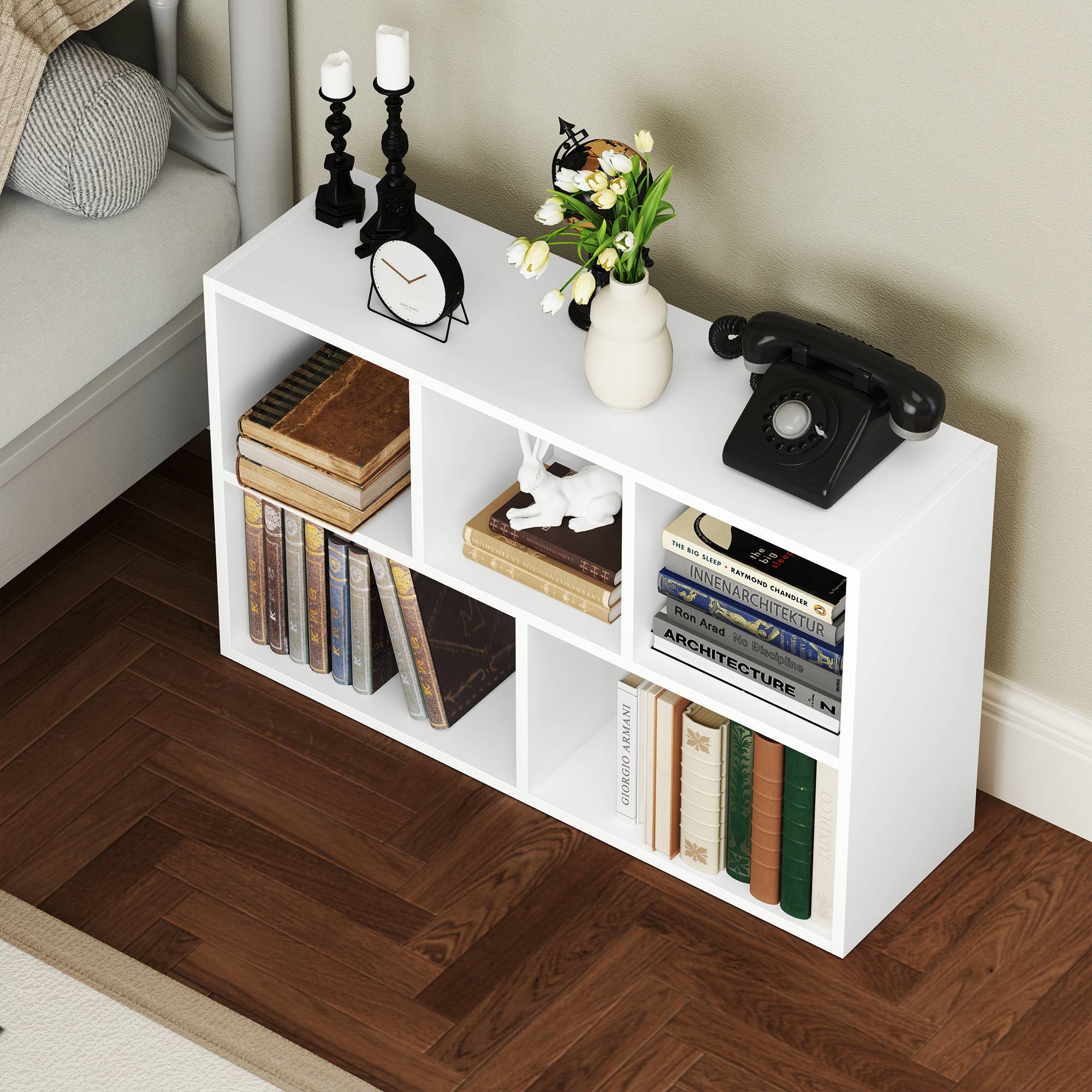 Étagère à 2 niveaux, 5 compartiments, panneaux de particules, étagère de rangement, blanche - Image 10