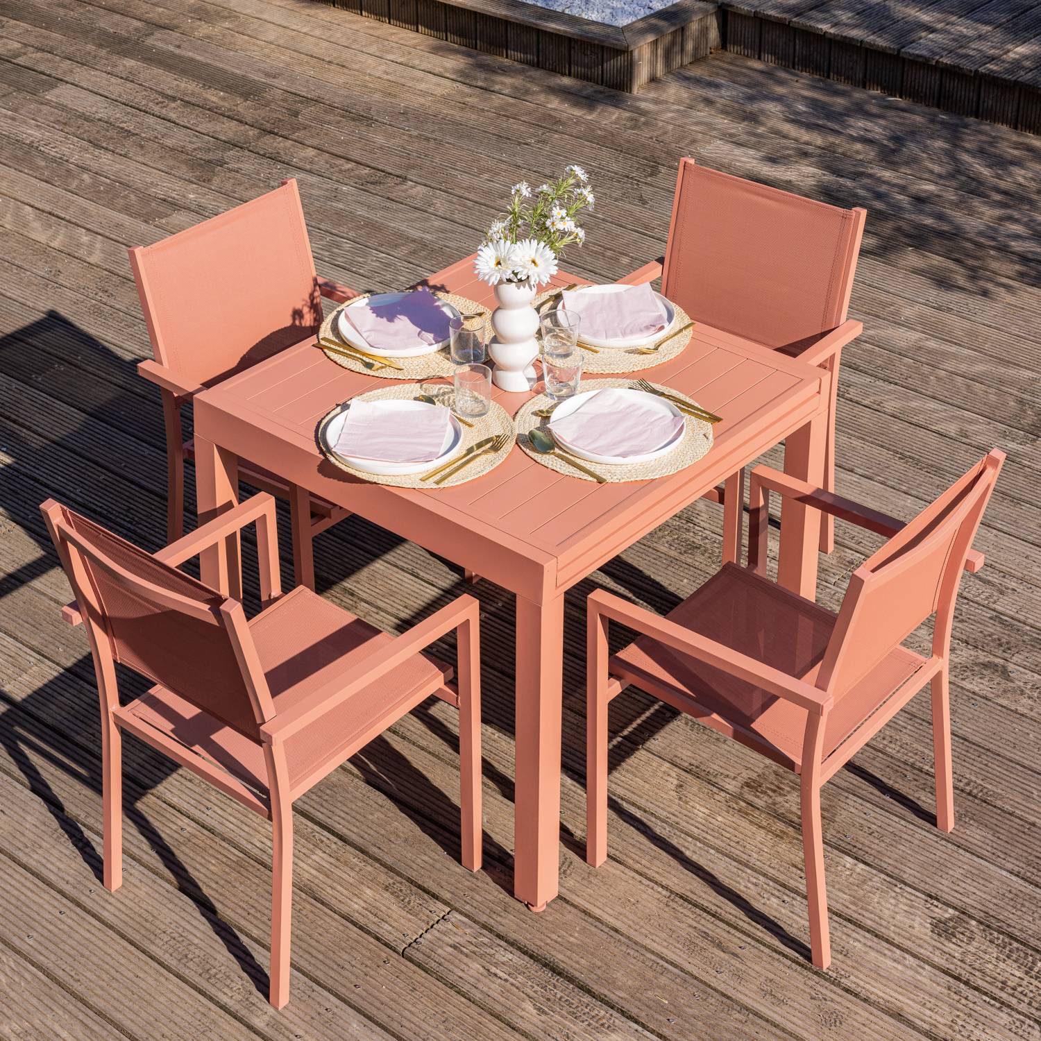 Salon de jardin VENEZIA extensible 90/180 en textilène terracotta 8 places - aluminium terracotta - HAPPY GARDEN - Image 3