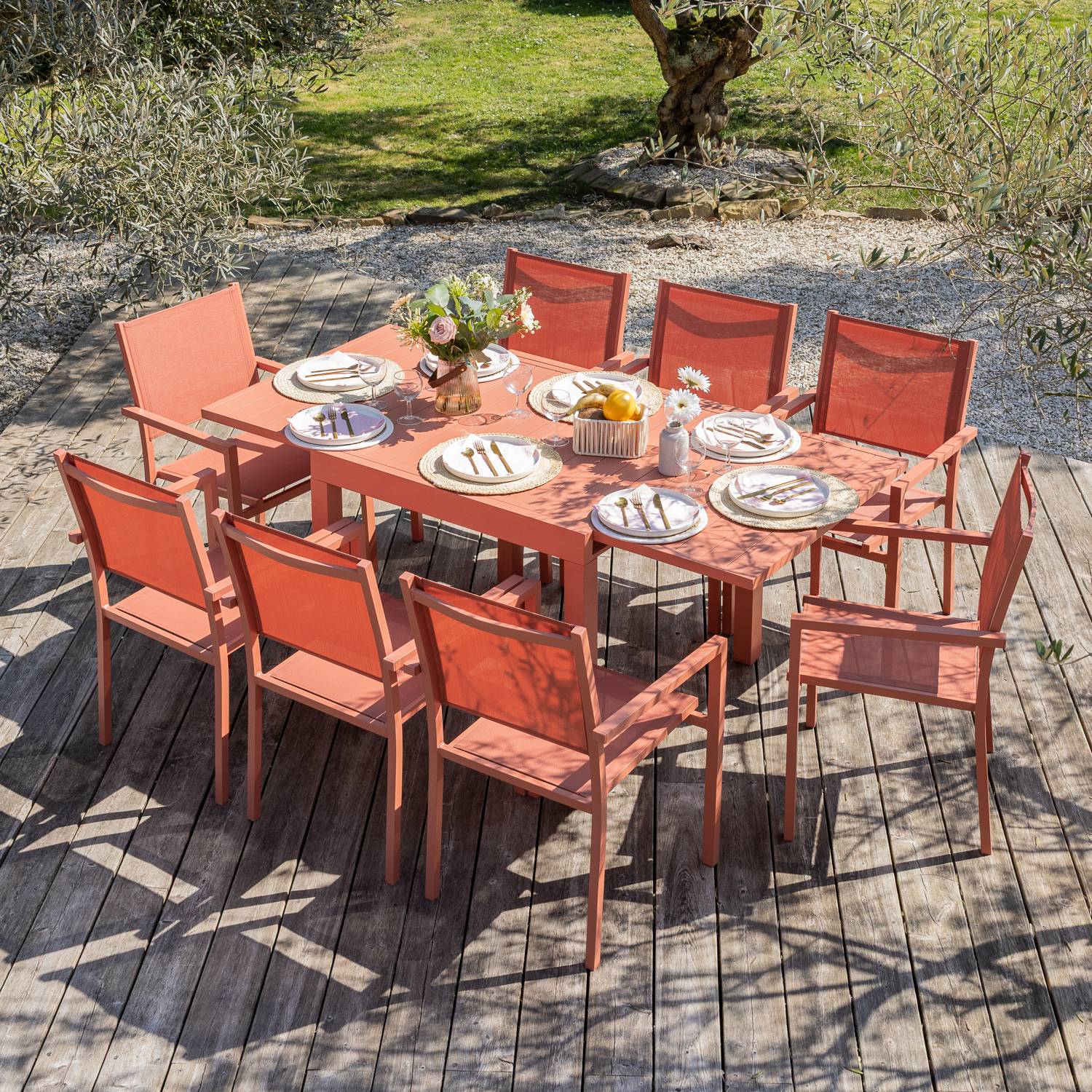Salon de jardin VENEZIA extensible 90/180 en textilène terracotta 8 places - aluminium terracotta - HAPPY GARDEN - Image 2