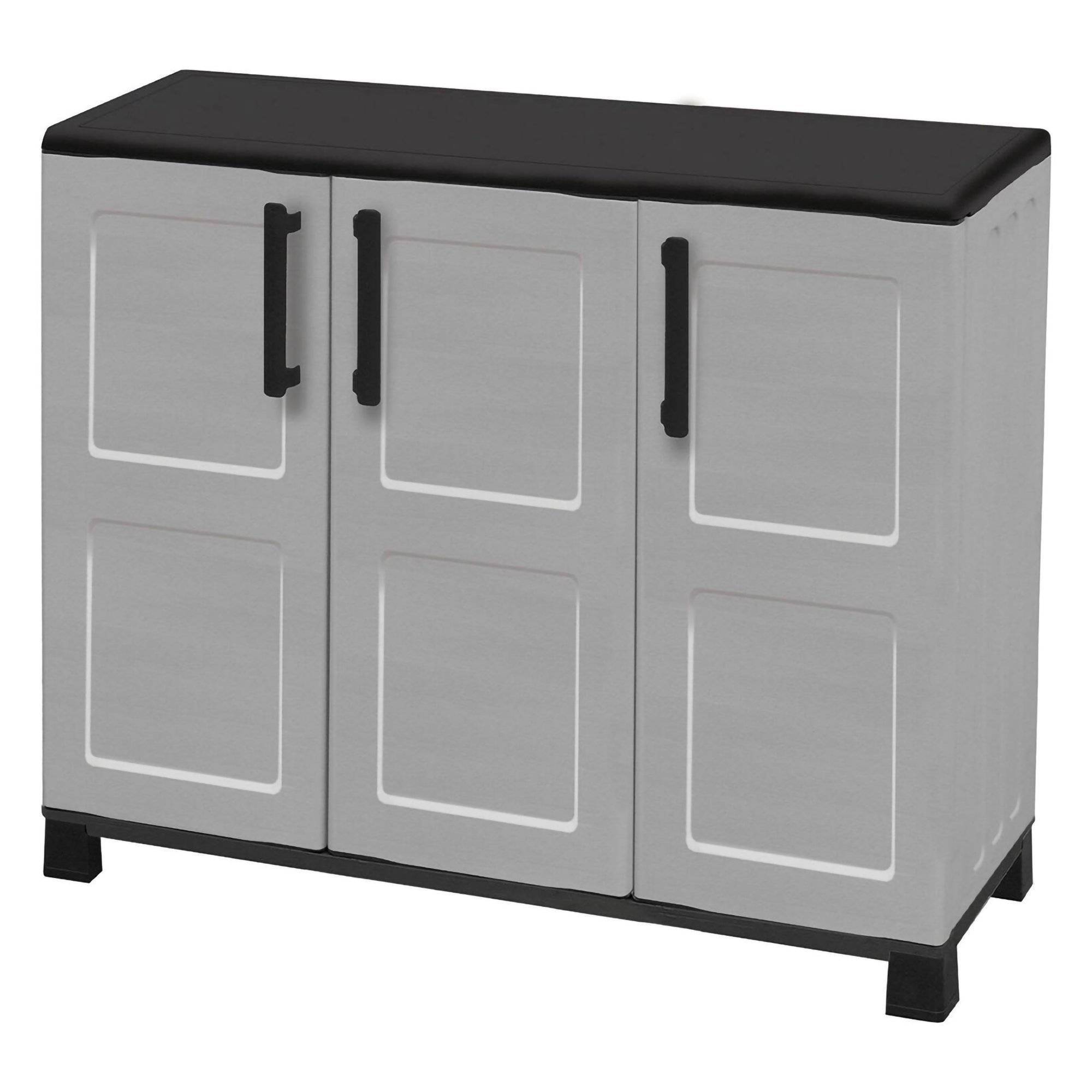 Dmora - Armoire d'extérieur Pelt, Armoire de balcon polyvalente, Armoire d'extérieur 3 portes, 102x37h90 cm, Gris clair et noir, Finition à carreaux - Dmora - Image 4