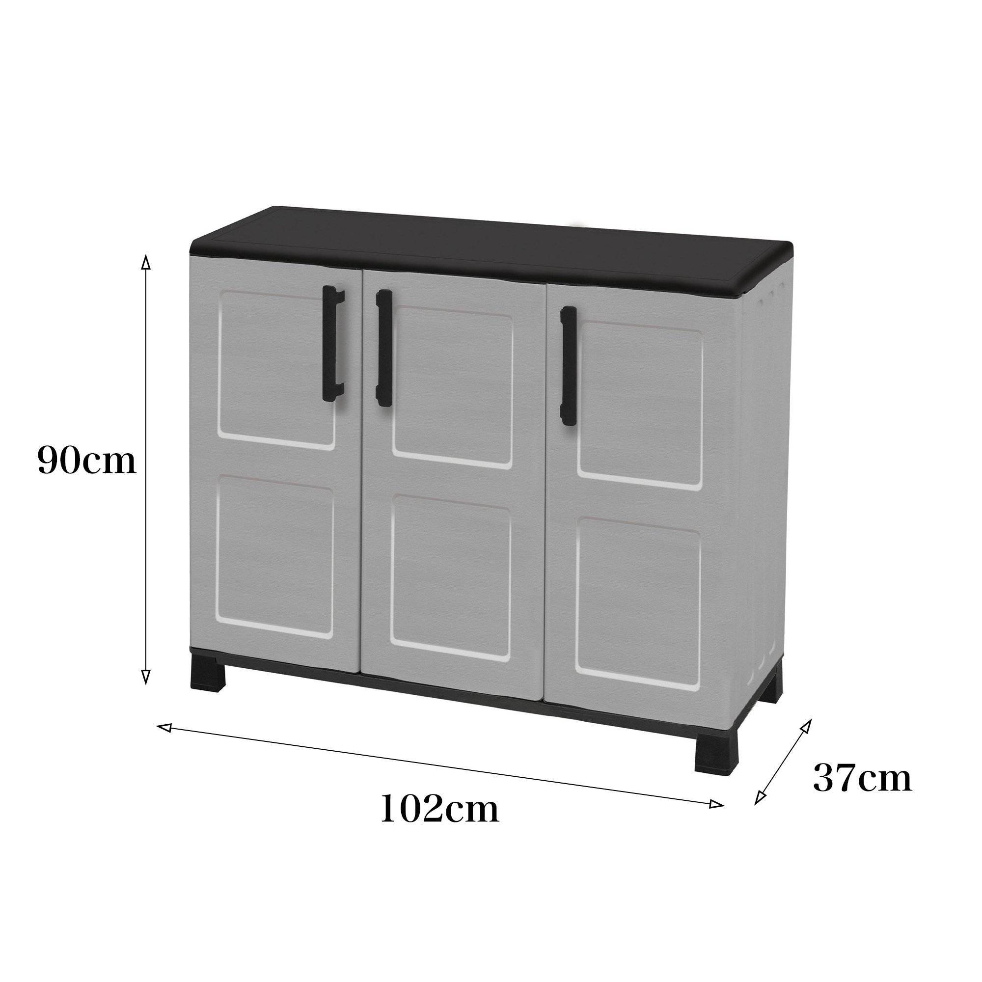 Dmora - Armoire d'extérieur Pelt, Armoire de balcon polyvalente, Armoire d'extérieur 3 portes, 102x37h90 cm, Gris clair et noir, Finition à carreaux - Dmora - Image 3