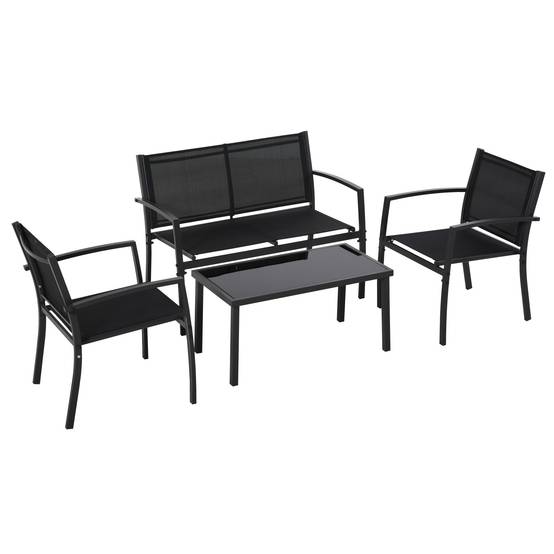 Outsunny - Salon de jardin extérieur 4 pièces avec canapé 2 places, 2 chaises, table basse en verre trempé, coussins inclus - noir - Outsunny - Image 1