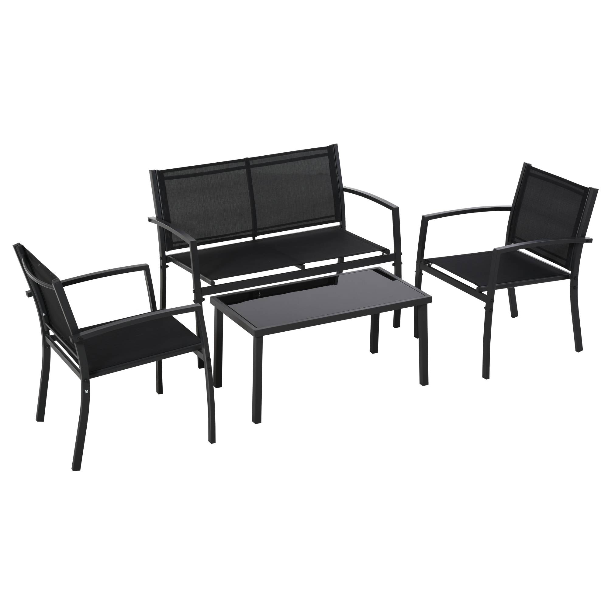 Outsunny - Salon de jardin extérieur 4 pièces avec canapé 2 places, 2 chaises, table basse en verre trempé, coussins inclus - noir - Outsunny - Image 1