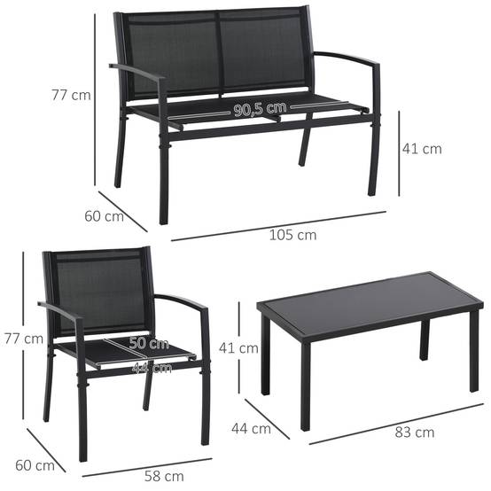 Outsunny - Salon de jardin extérieur 4 pièces avec canapé 2 places, 2 chaises, table basse en verre trempé, coussins inclus - noir - Outsunny - Image 3