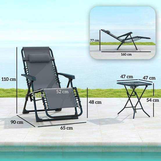 Ensemble de 2 chaises longues pliables, position zéro gravité, avec appuie-têtes et table d'appoint comprenant 2 porte-gobelets. - Image 5