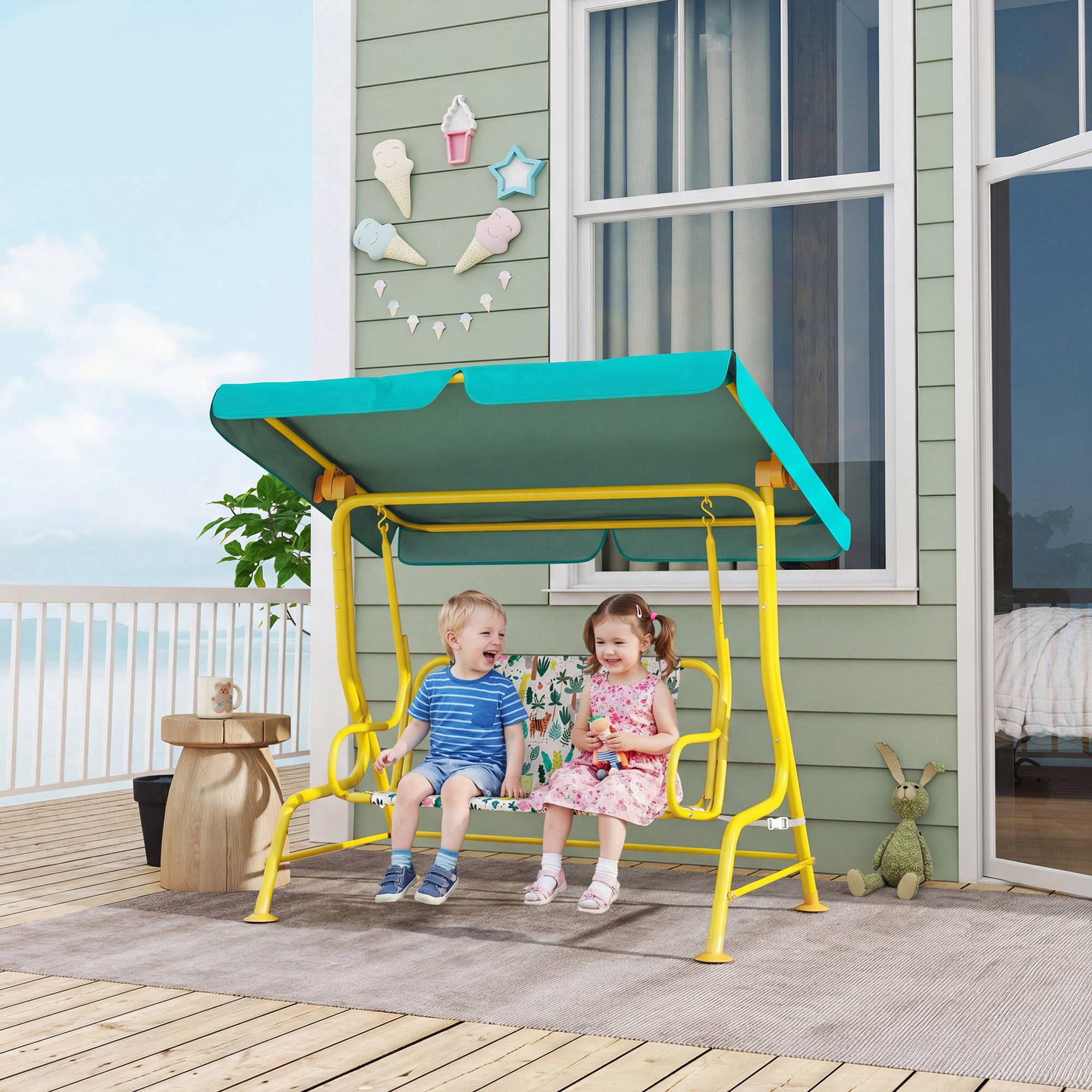Balançoire hollywood enfant 2 places, auvent réglable ceinture sécurité 3-6 ans jusqu'à 60kg 112×75×120cm vert - Image 3