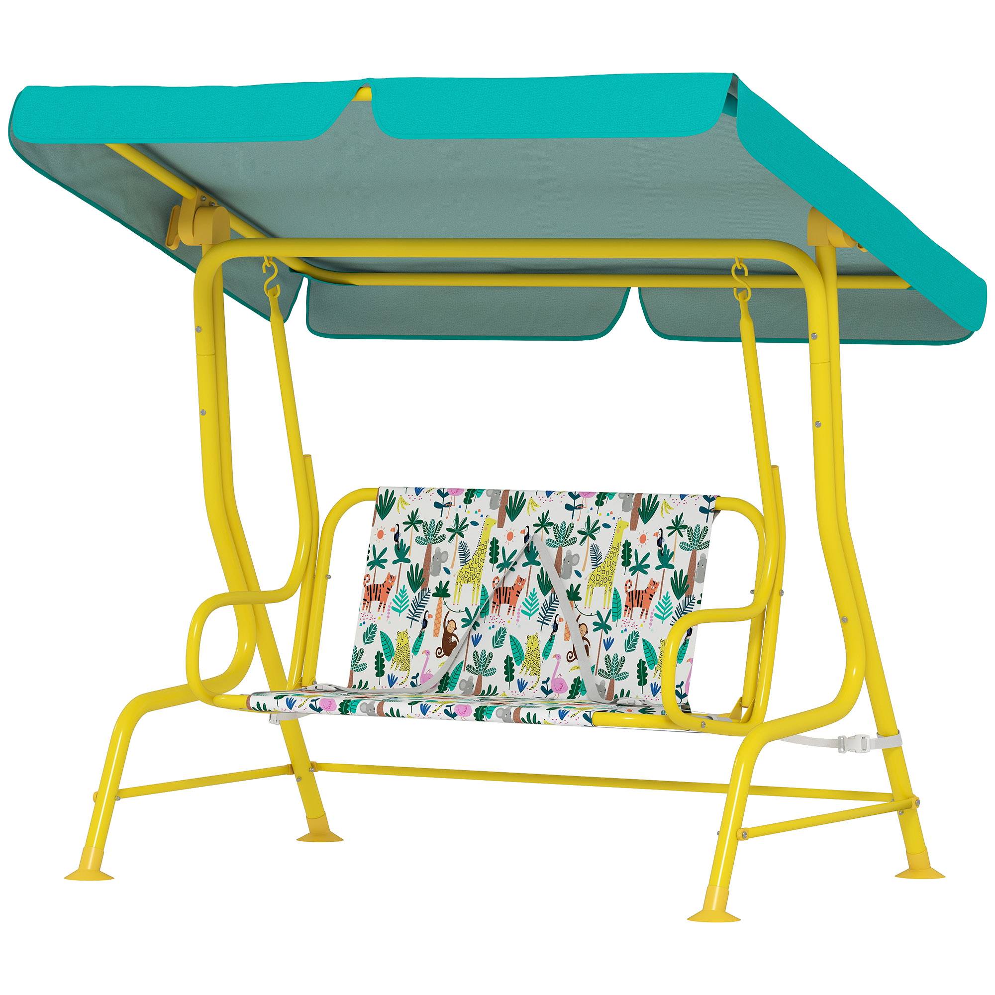 Balançoire hollywood enfant 2 places, auvent réglable ceinture sécurité 3-6 ans jusqu'à 60kg 112×75×120cm vert - Image 2