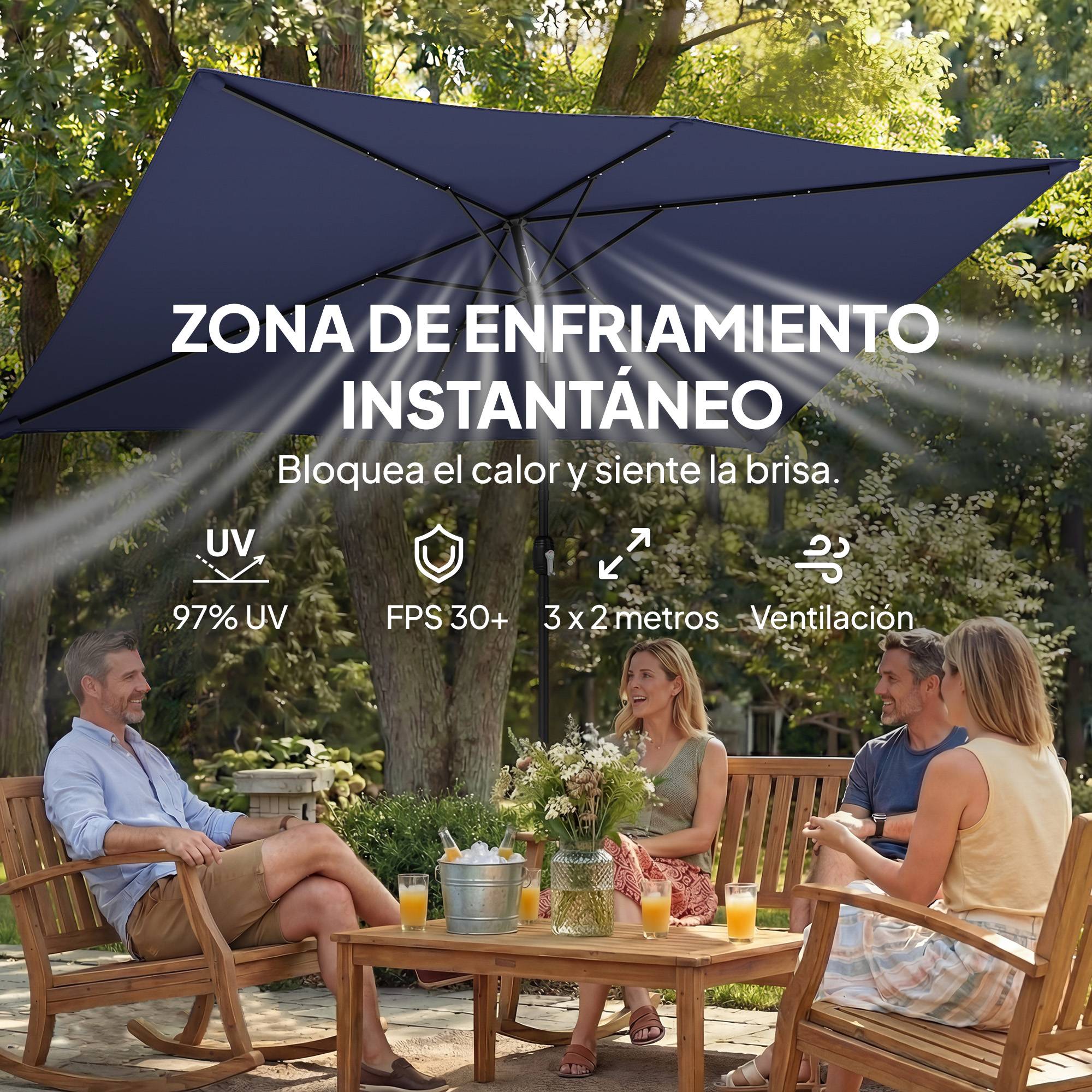 Parasol de jardin avec 24 lumières solaires LED, toile inclinable, mât en métal, 2,9 x 2,5 m, bleu foncé - Image 8