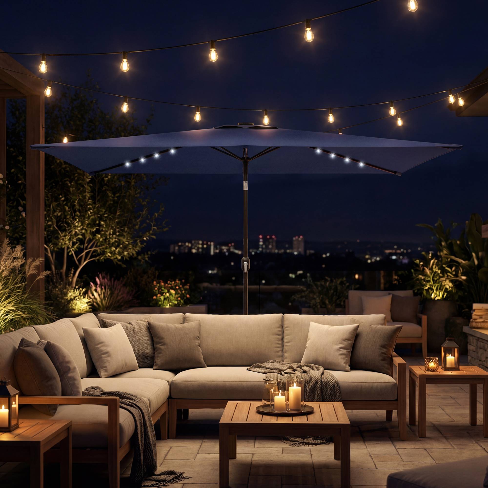 Parasol de jardin avec 24 lumières solaires LED, toile inclinable, mât en métal, 2,9 x 2,5 m, bleu foncé - Image 3