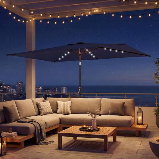 Parasol de jardin avec 24 lumières solaires LED, toile inclinable, mât en métal, 2,9 x 2,5 m, bleu foncé - Image 4