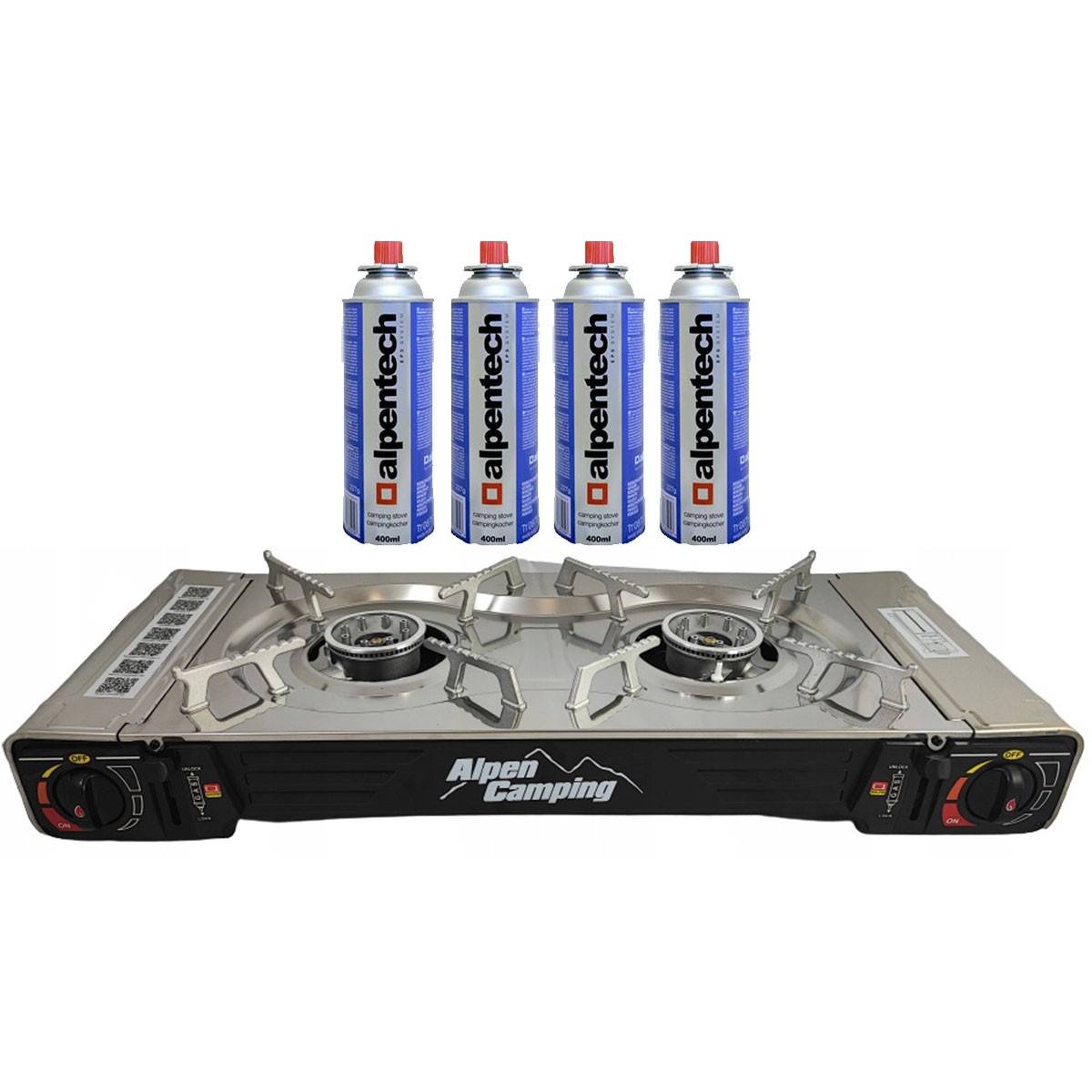 Réchaud à gaz 2 feux 4400W  INOX + Cartouches de gaz ALPEN Camping - Image 1