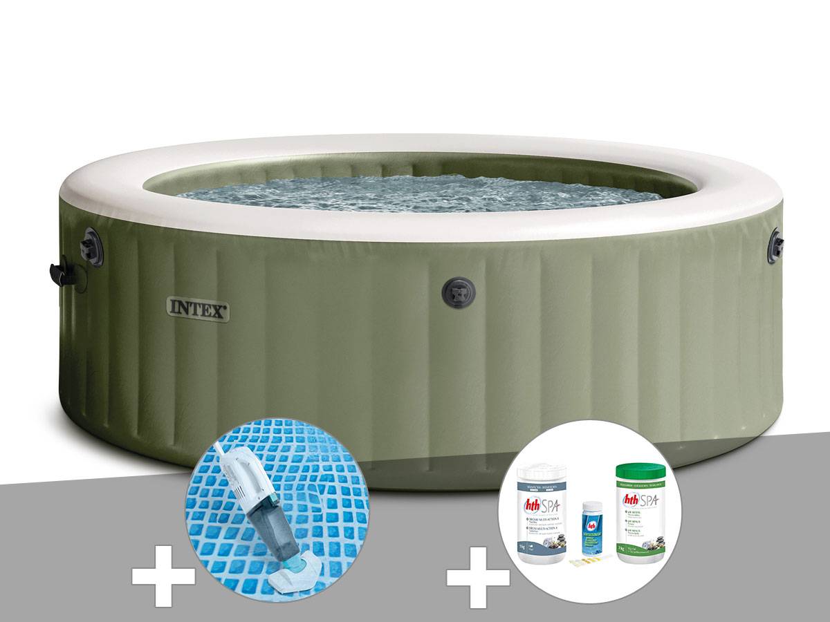 Kit spa gonflable Intex PureSpa Olive rond Bulles 4 places + Aspirateur + Kit de traitement brome