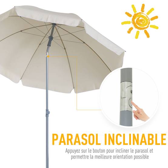 Parasol inclinable parasol de plage octogonal de jardin Ø 2 m métal polyester sac de transport inclus crème - Image 6