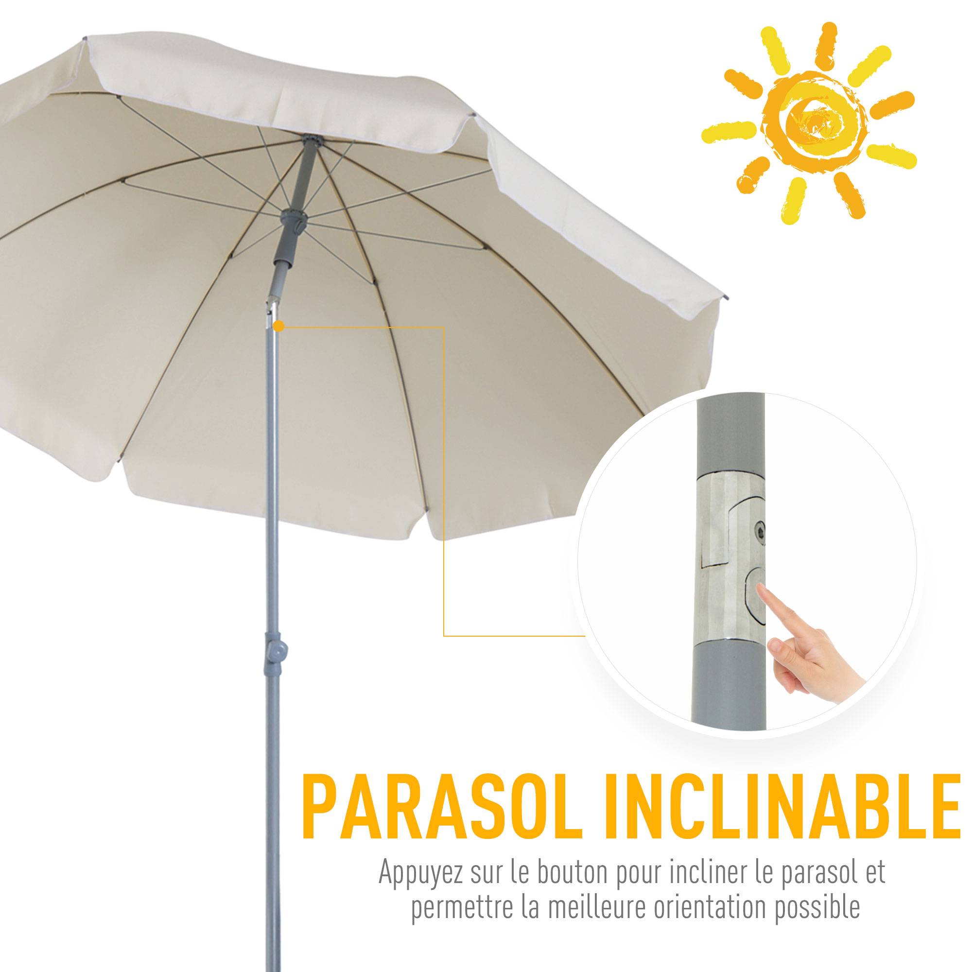 Parasol inclinable parasol de plage octogonal de jardin Ø 2 m métal polyester sac de transport inclus crème - Image 6