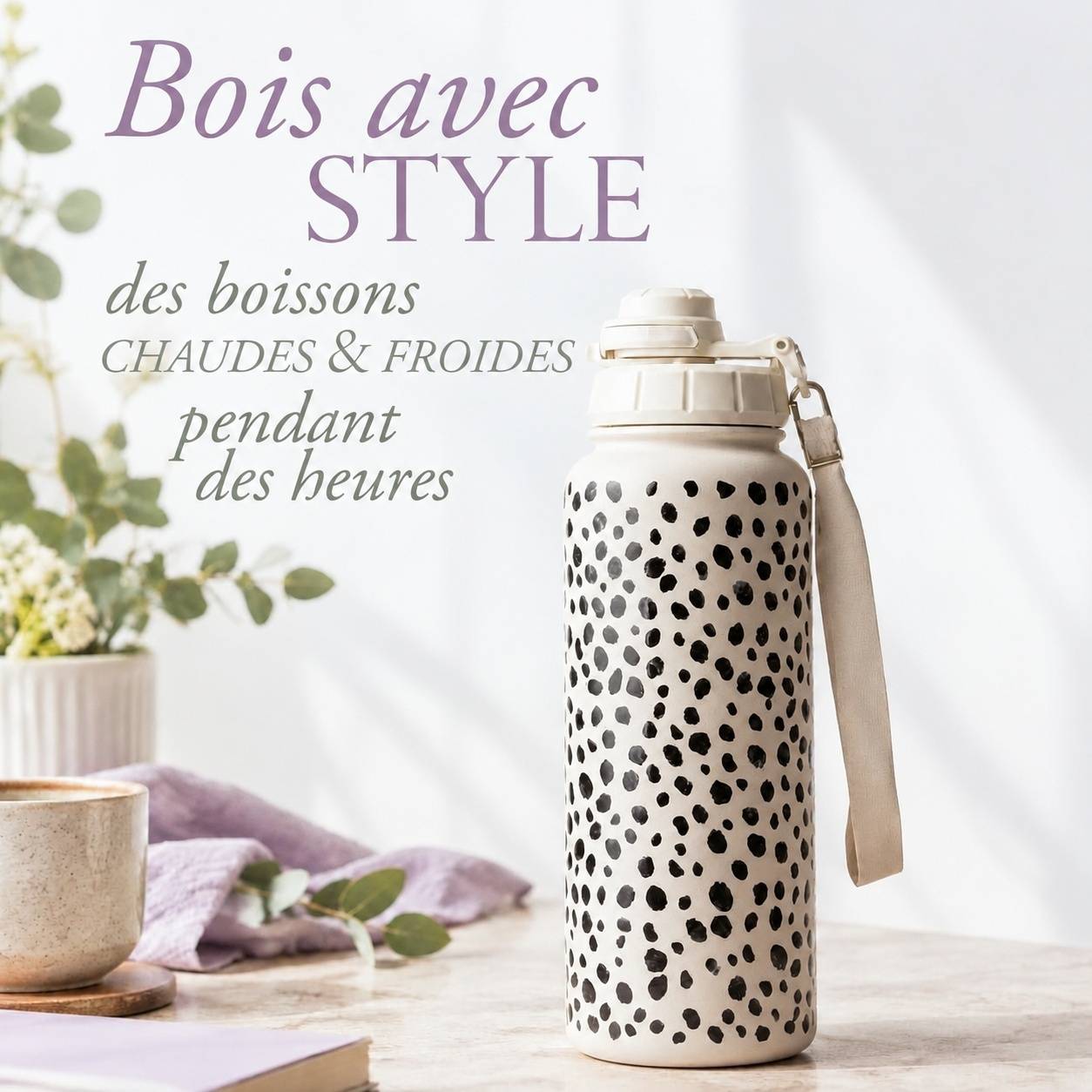 Bouteille Isotherme Acier Inoxydable 1L Isolation 24h Chaud 12h Avec Paille Et Sangle Amovible - Image 2