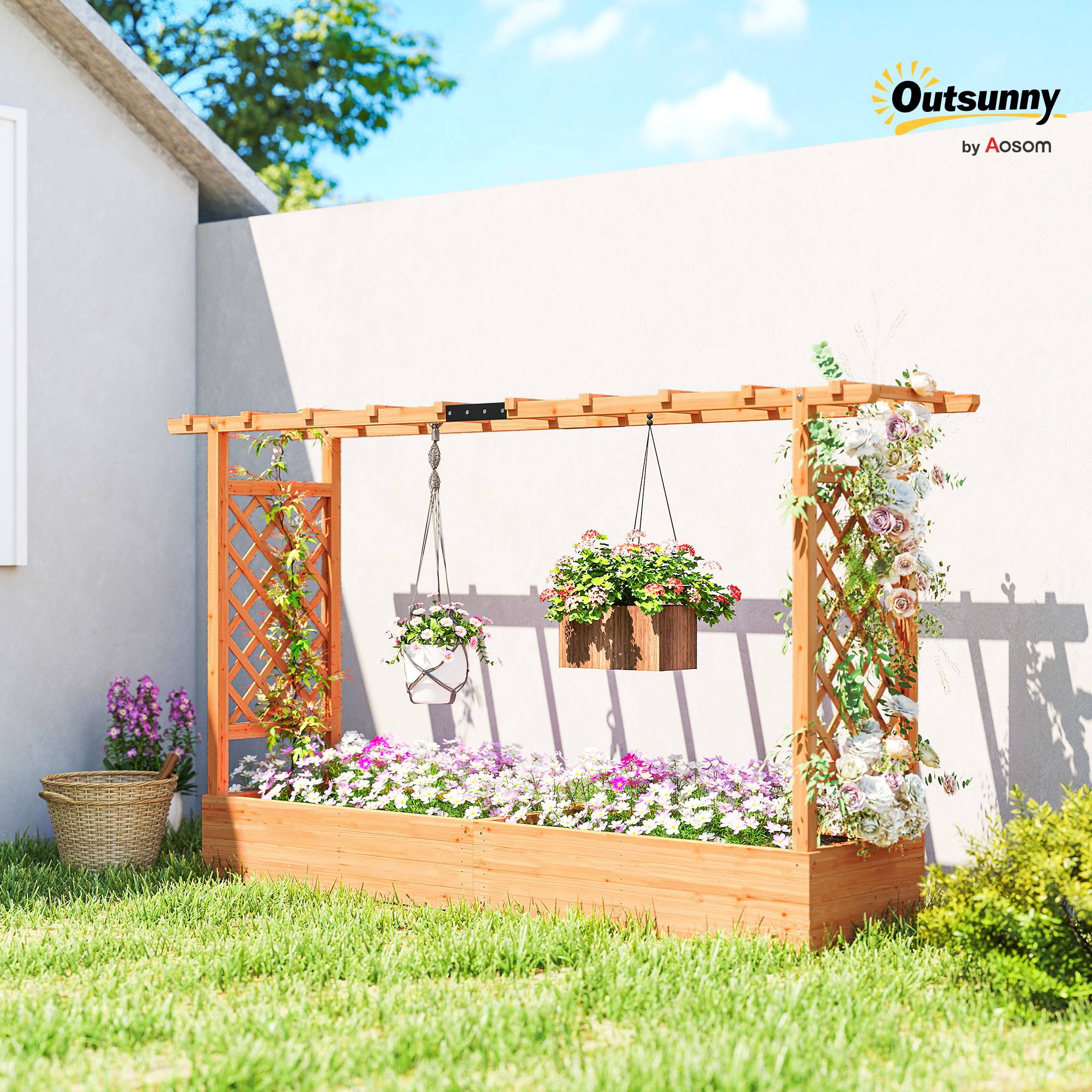 Outsunny - Jardinière surélevée avec treillis latéral et supérieur, trous de drainage - pour plantes grimpantes - bois naturel - Outsunny - Image 10