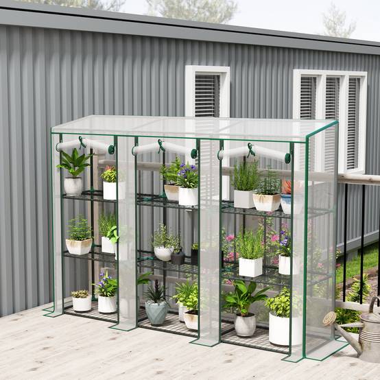 Serre de jardin avec étagères à 3 niveaux serre de balcon 3 portes enroulables zippées 215 x 46 x 151 cm blanc - Image 3