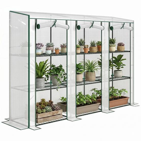 Serre de jardin avec étagères à 3 niveaux serre de balcon 3 portes enroulables zippées 215 x 46 x 151 cm blanc - Image 1