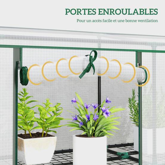 Serre de jardin avec étagères à 3 niveaux serre de balcon 3 portes enroulables zippées 215 x 46 x 151 cm blanc - Image 8