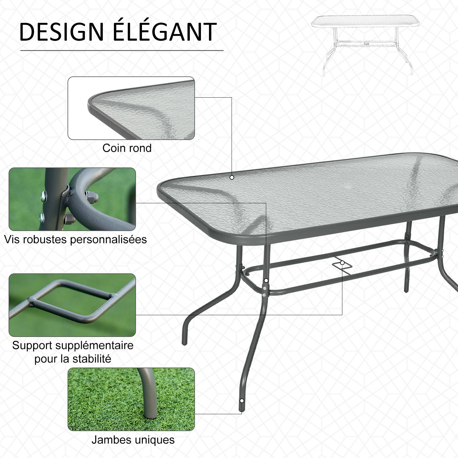 Table de Jardin rectangulaire dim. 140L X 80l x 70H cm métal époxy Gris Plateau Verre trempé - Image 7