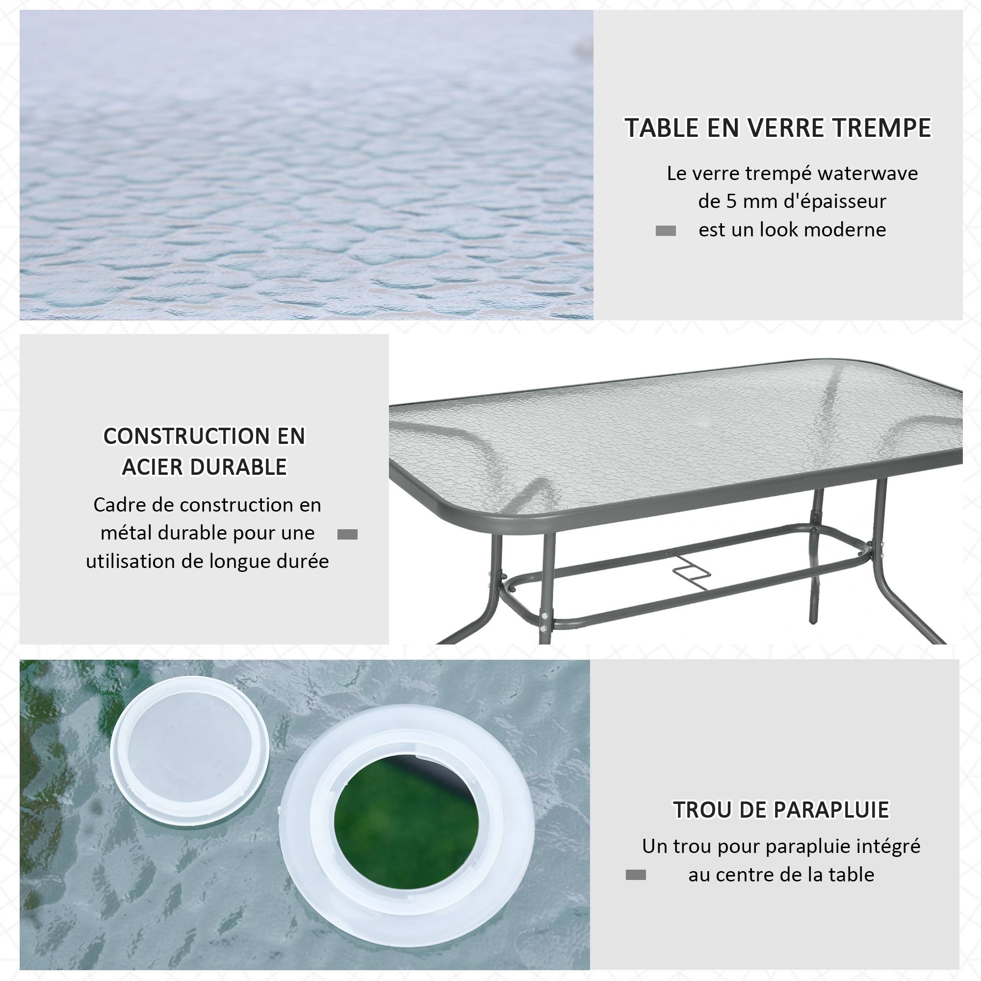 Table de Jardin rectangulaire dim. 140L X 80l x 70H cm métal époxy Gris Plateau Verre trempé - Image 6