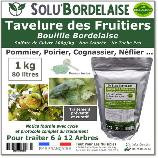 Solu'Bordelaise - Tavelure des Fruitiers - 1 kg de Bouillie Bordelaise Non Colorée -Polyvalent à base de Sulfate de Cuivre 200 g/kg-Doseur inclus - Image 1