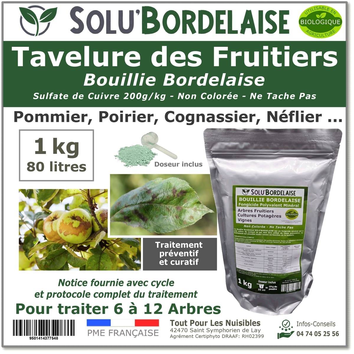 Solu'Bordelaise - Tavelure des Fruitiers - 1 kg de Bouillie Bordelaise Non Colorée -Polyvalent à base de Sulfate de Cuivre 200 g/kg-Doseur inclus