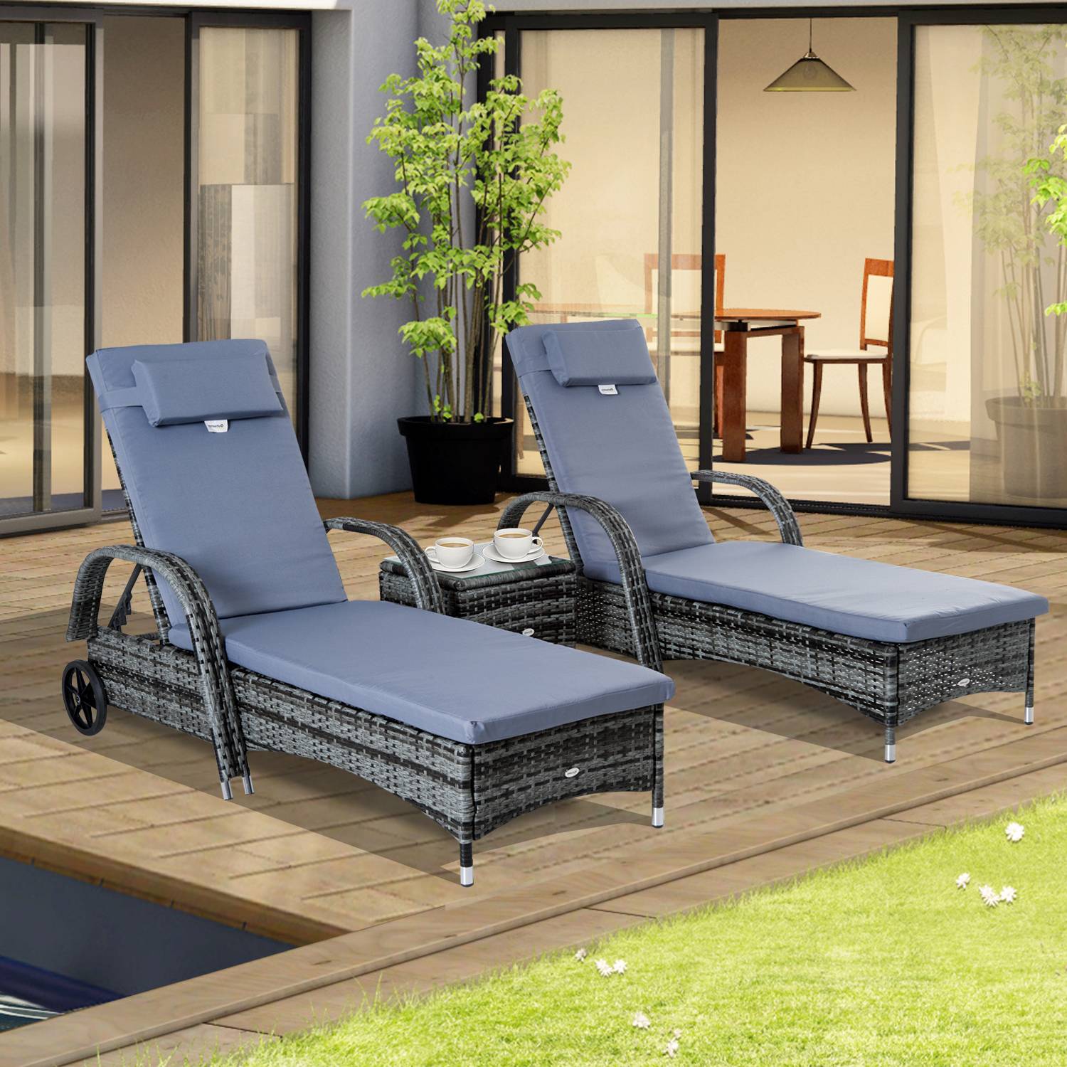 ComfortXL - Lot 2 bains de soleil en résine tressée grise métal avec table pour terrasse dossiers réglables et roulettes