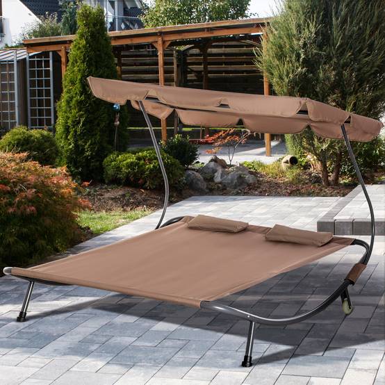 Transat double 2 places acier jardin toit pare-soleil roulettes 200x175x134cm marron - ComfortXL Outdoor Living - Image 4