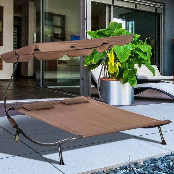 Transat double 2 places acier jardin toit pare-soleil roulettes 200x175x134cm marron - ComfortXL Outdoor Living - Image 3