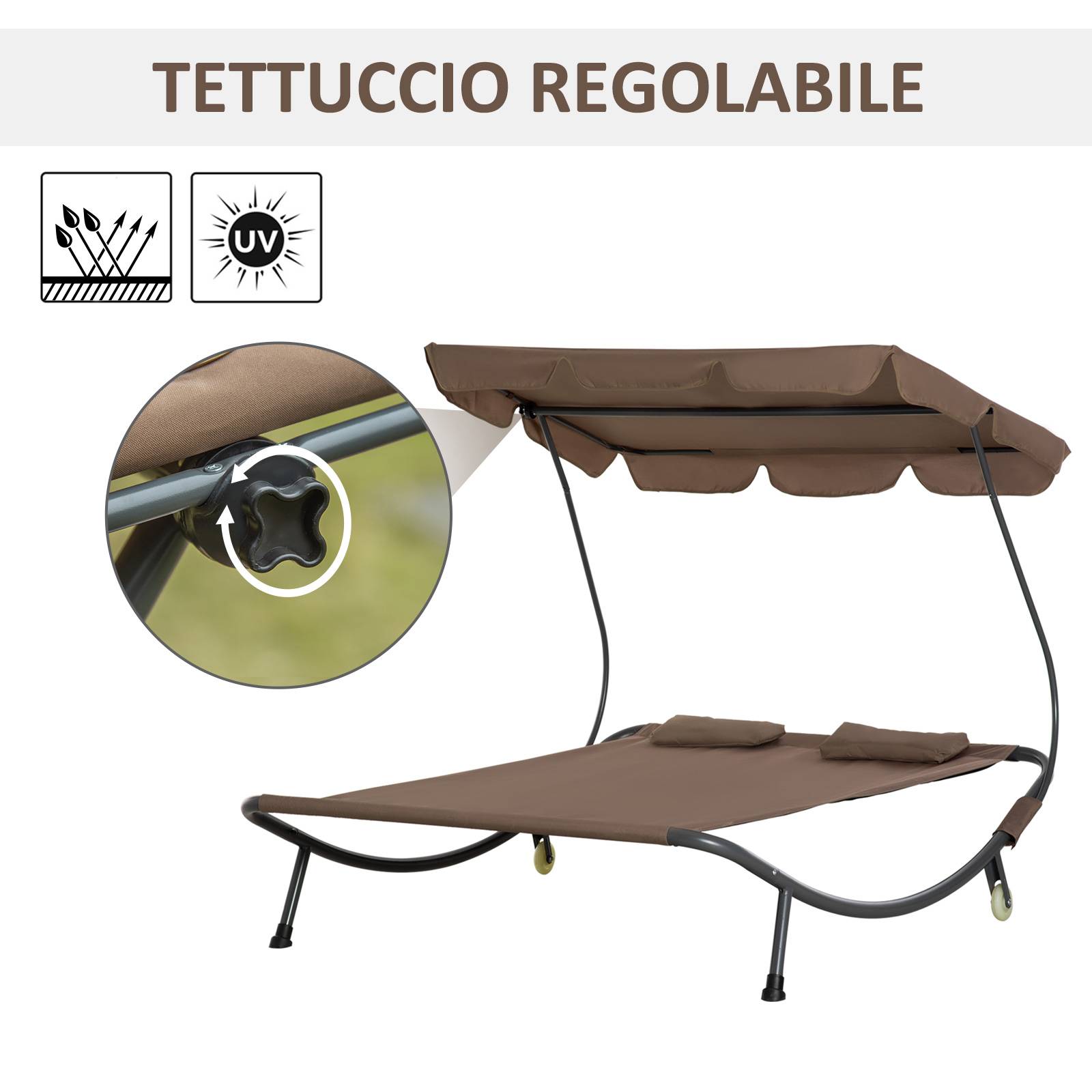 Transat double 2 places acier jardin toit pare-soleil roulettes 200x175x134cm marron - ComfortXL Outdoor Living - Image 6