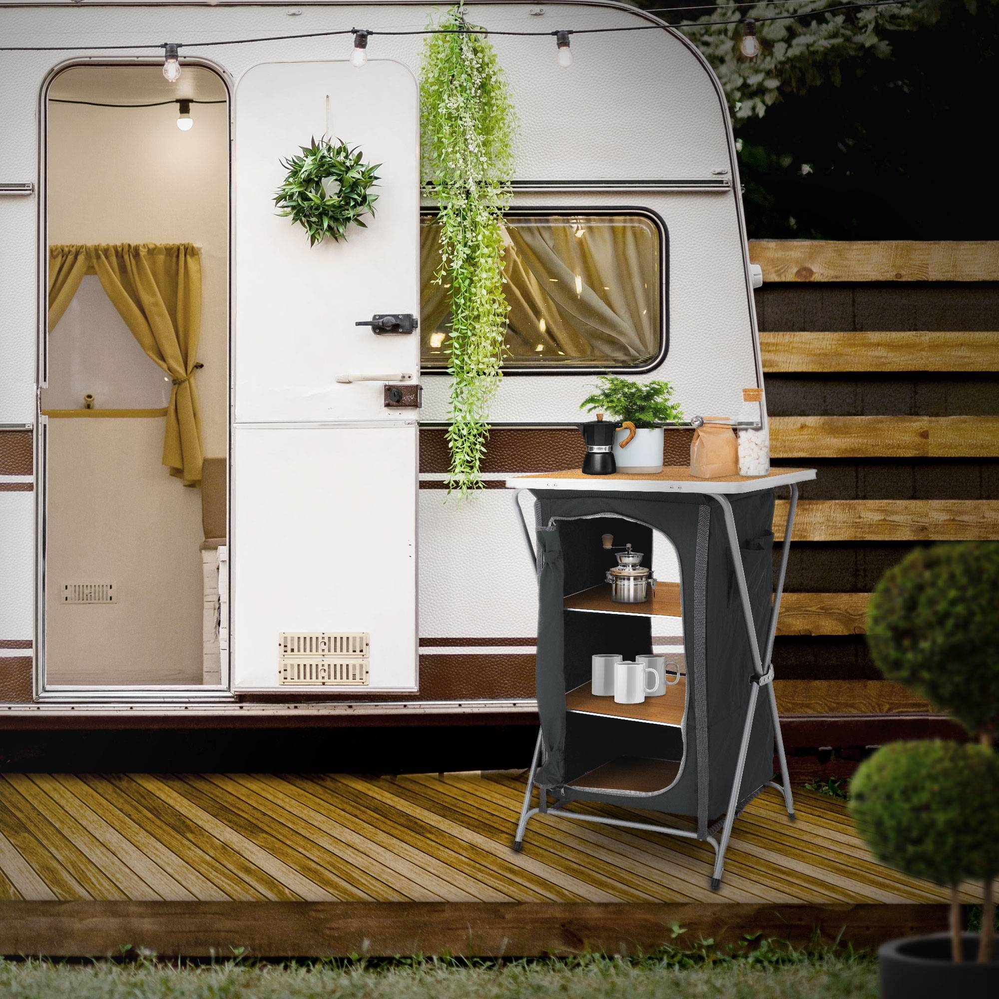 Ecd-Germany - Armoire de Camping Pliable, 60x97,5x53 cm, Structure en Aluminium, Aspect Bois, Portable, 3 Étagères - Image 8
