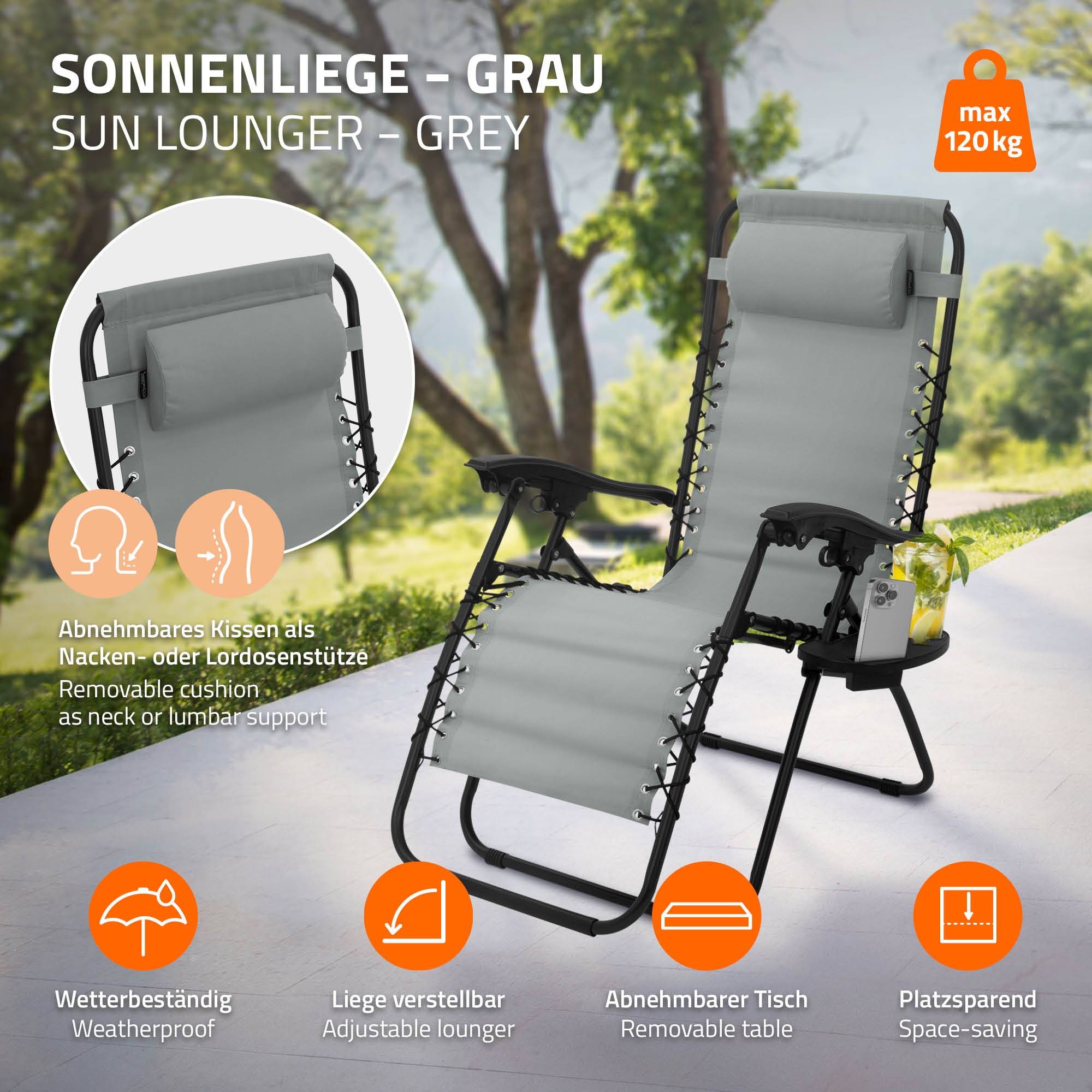 Ecd-Germany - Chaise Longue avec Appui-Tête et Porte-Gobelet, Pliable, Gris, en Acier/Tissu Polyester Oxford, Bain de Soleil de Champing - Image 3