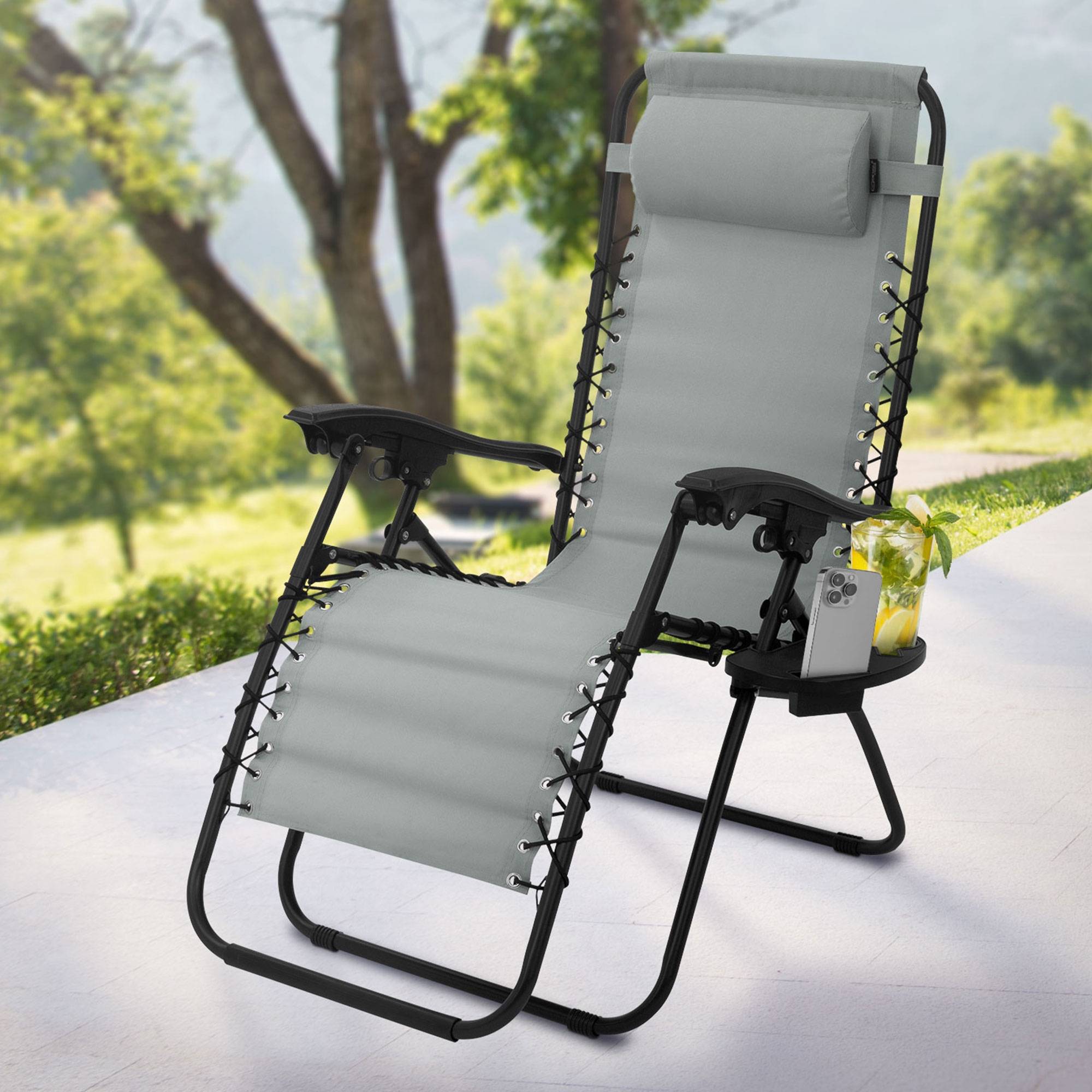 Ecd-Germany - Chaise Longue avec Appui-Tête et Porte-Gobelet, Pliable, Gris, en Acier/Tissu Polyester Oxford, Bain de Soleil de Champing - Image 2