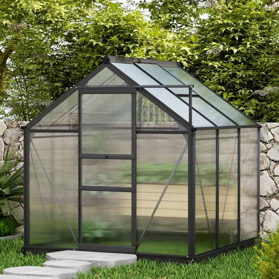 Outsunny - Serre de jardin alu polycarbonate 3,65m² - 1,9x1,92x2,01m - lucarne porte coulissante fondation incluse - Outsunny - Image 2
