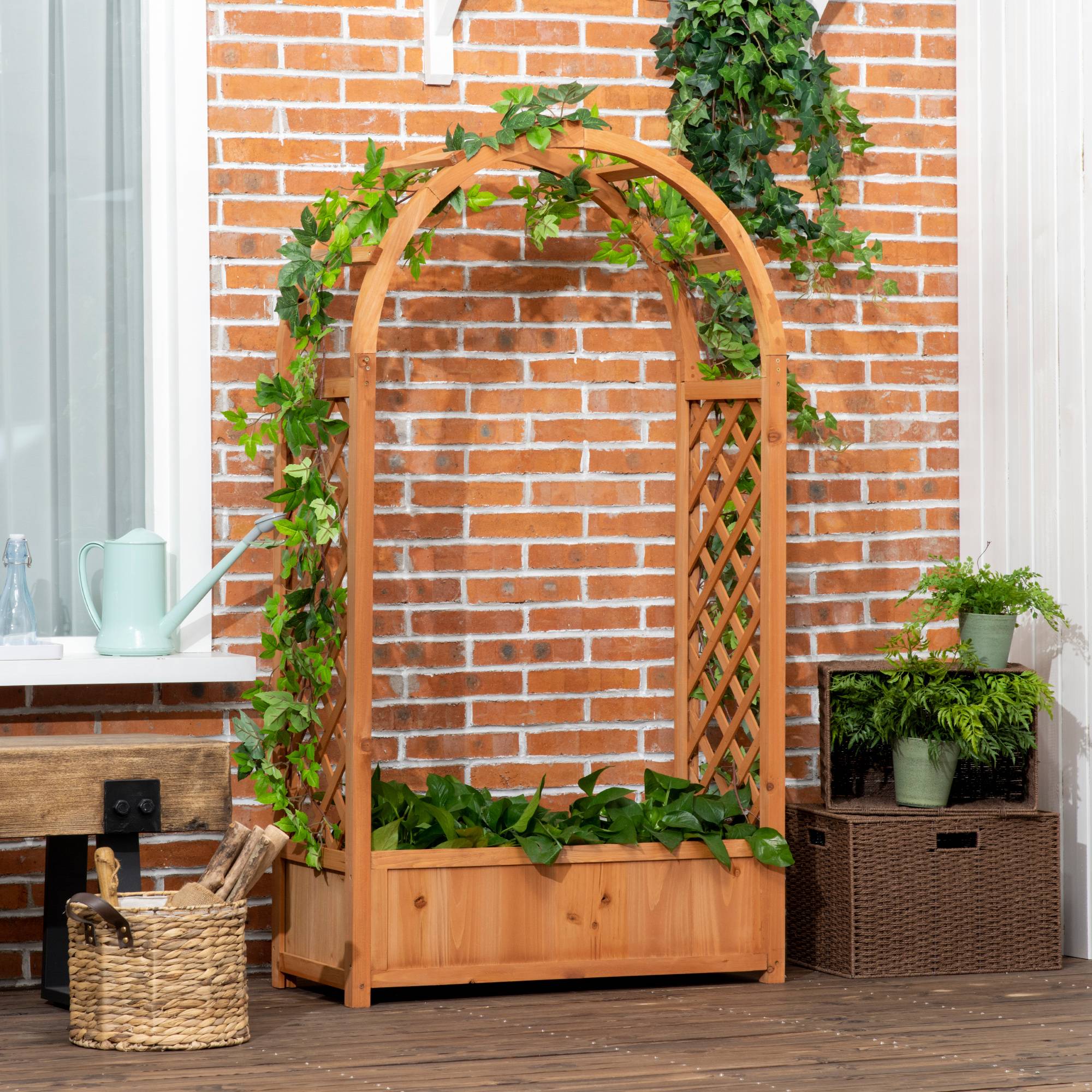 Maison Chic - Jardinière rectangulaire sur pied avec treillis et arche - 83x36x152 cm - fond à lattes - bois sapin pré-huilé - Image 4