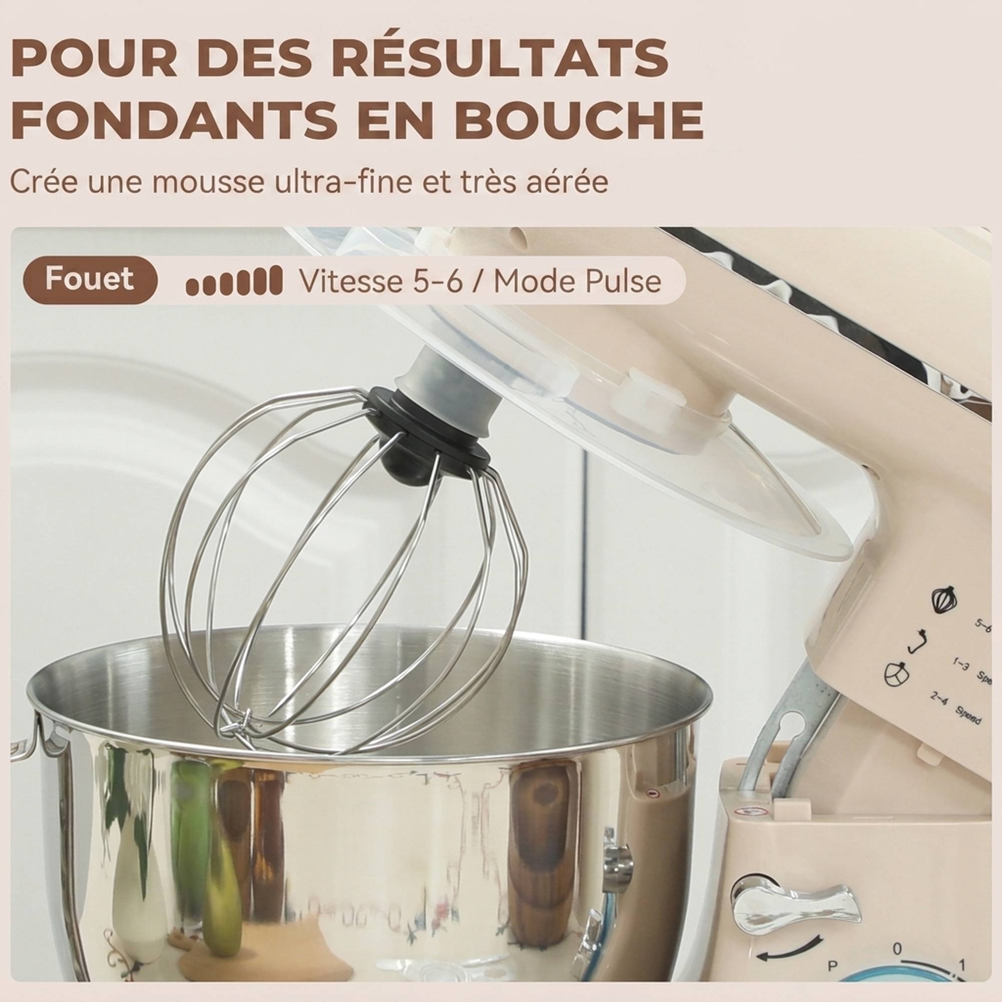 Robot pâtissier 1300W, pétrin pro 4,5L bol inox, vitesses 6+P et fonction pulse, beige - Image 9
