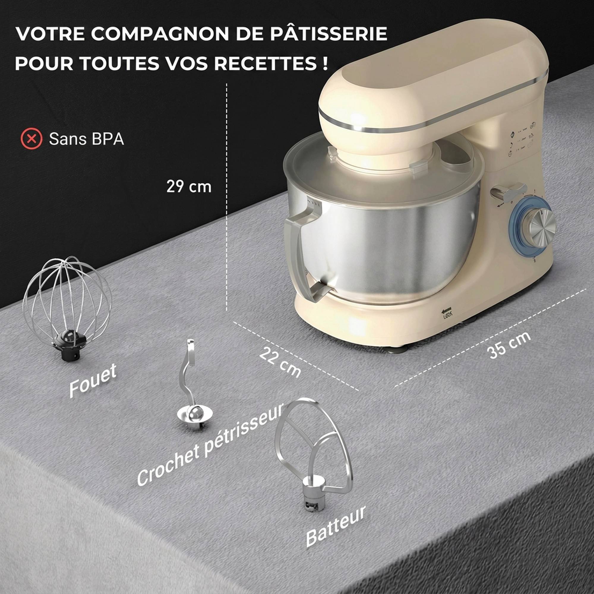 Robot pâtissier 1300W, pétrin pro 4,5L bol inox, vitesses 6+P et fonction pulse, beige - Image 5