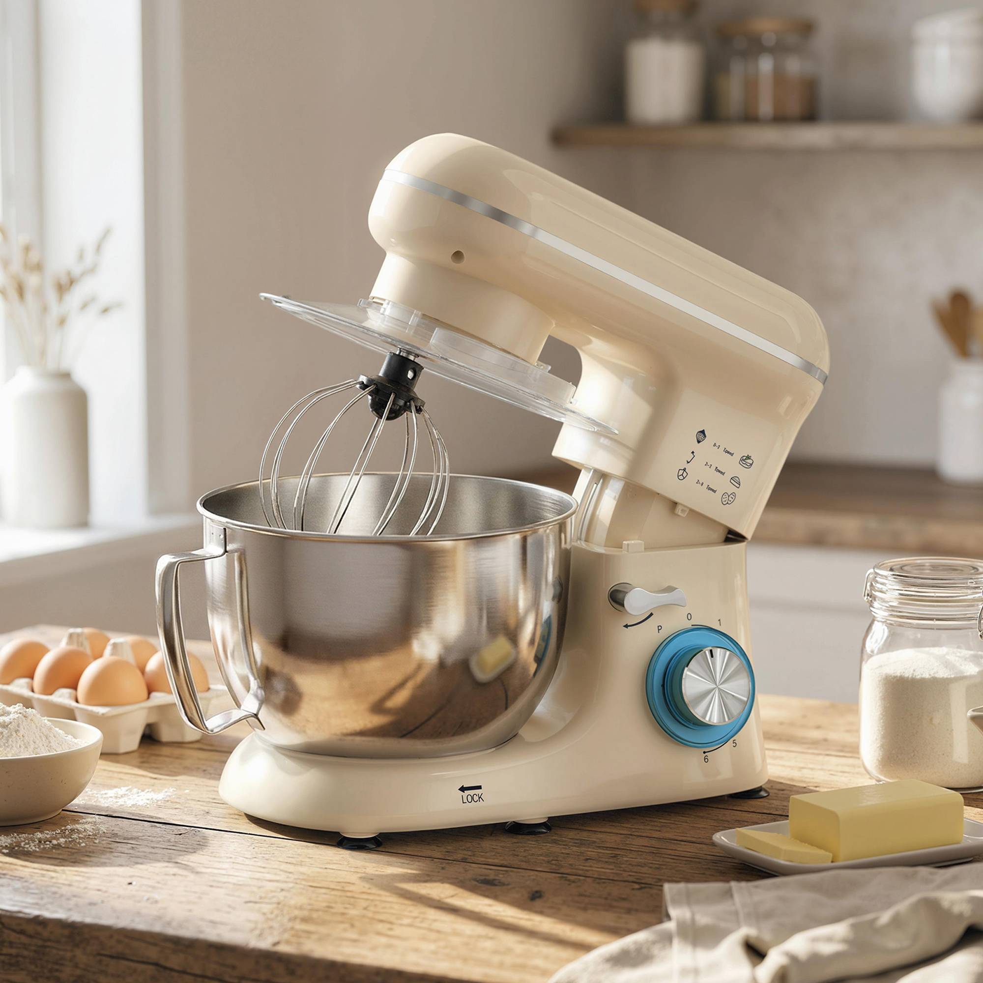 Robot pâtissier 1300W, pétrin pro 4,5L bol inox, vitesses 6+P et fonction pulse, beige - Image 3