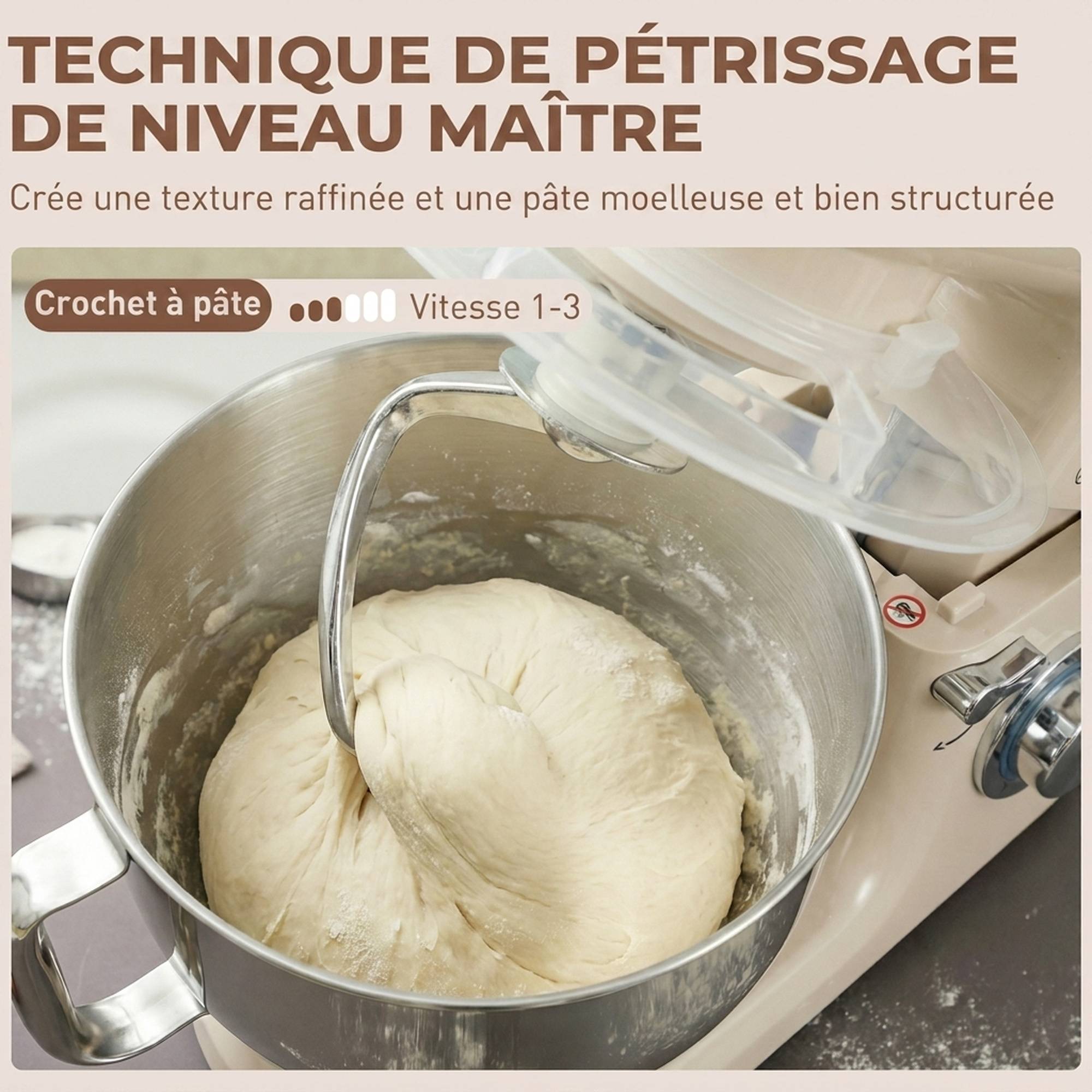 Robot pâtissier 1300W, pétrin pro 4,5L bol inox, vitesses 6+P et fonction pulse, beige - Image 7