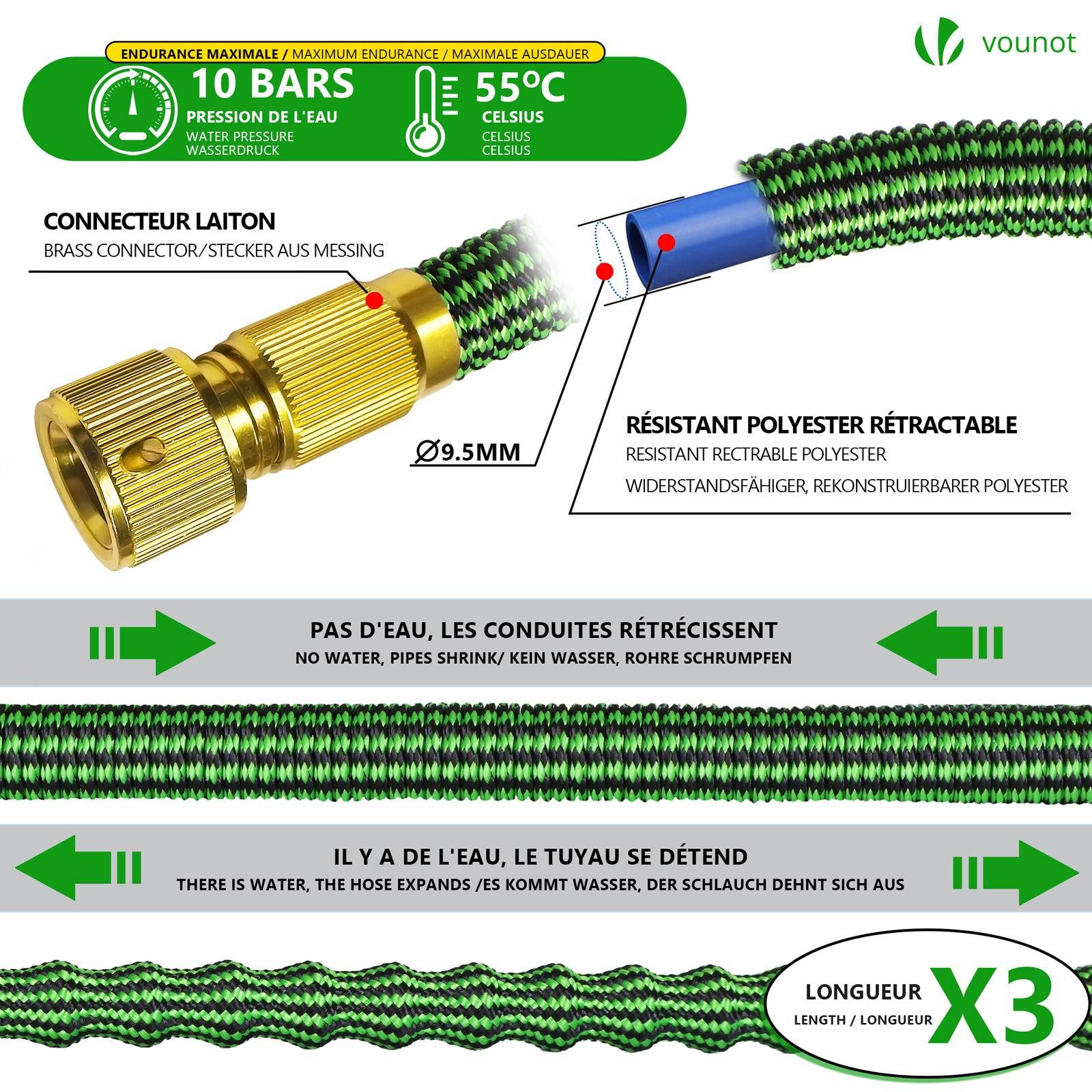 Vounot - Tuyau d’Arrosage Extensible 30m Renforce avec Accessoires vert - Image 2
