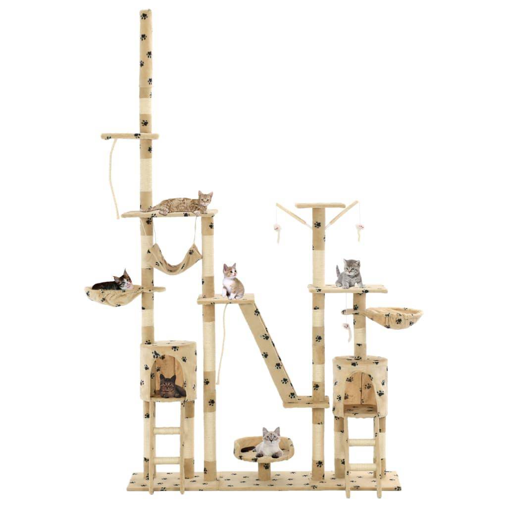 Helloshop26 - Arbre à chat griffoir grattoir niche jouet animaux peluché 230-250 cm empreintes de pattes beige - Image 1