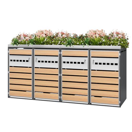 Mülltonnenbox avec bois imitation gris et compartiments séparés, 132 x 80 x 124,5 cm - PANGIVO - Image 5