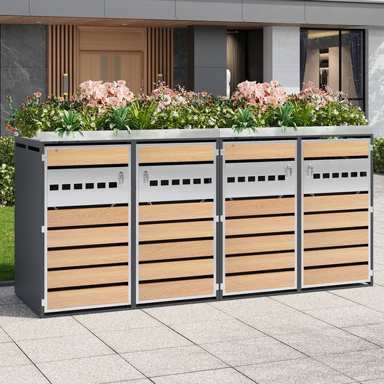 Mülltonnenbox avec bois imitation gris et compartiments séparés, 132 x 80 x 124,5 cm - PANGIVO - Image 1