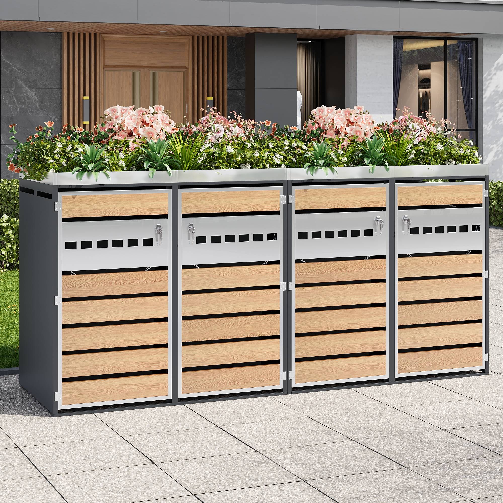 Mülltonnenbox avec bois imitation gris et compartiments séparés, 132 x 80 x 124,5 cm - PANGIVO - Image 1